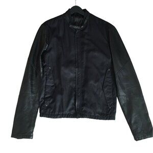 Mens Black Biker Jacket With Faux Leather Sleeves & Zip Closure Size M